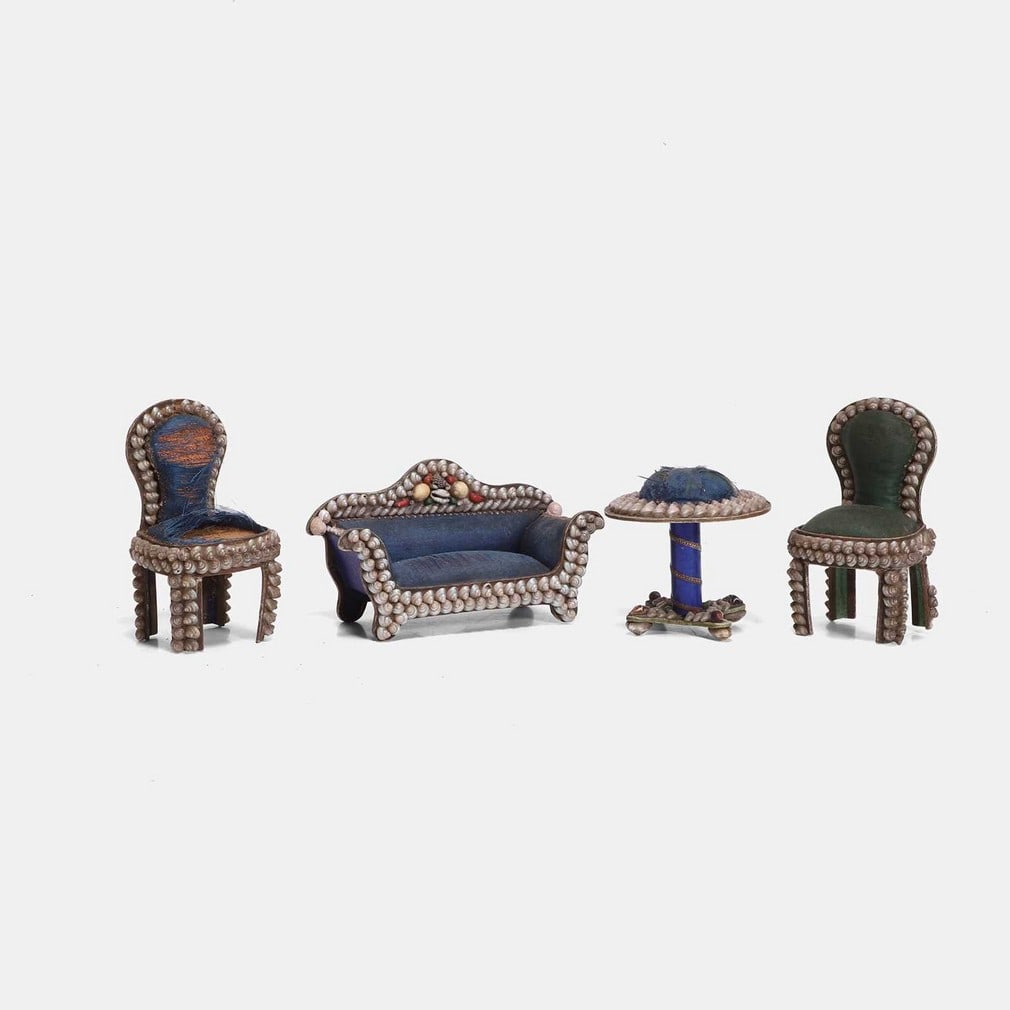 A novelty shell-mounted miniature pin-cushion set modelled as a drawing room suite, circa 1860, (1 of 2)