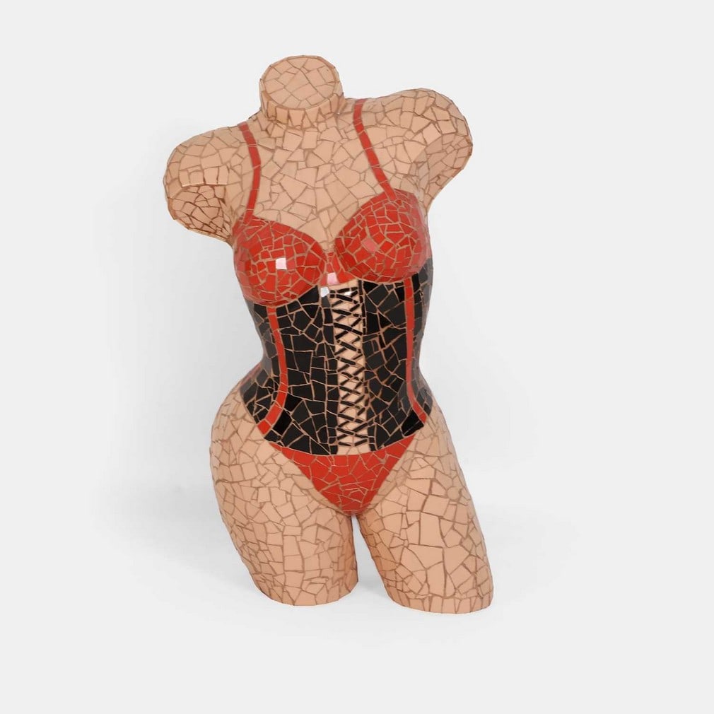 ▲ Ed Chapman (British, b.1971) A mosaic sculpture of a corset and lingerie-clad female body: ▲ Ed Chapman (British, b.1971) A mosaic sculpture of a corset and lingerie-clad female body life-size (47cm wide, 30cm deep, 76cm high approximately) Condition Report: Fair