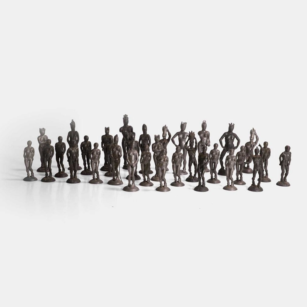 An unusual erotic cast metal and lead chess set, circa 1920s, (1 of 2)