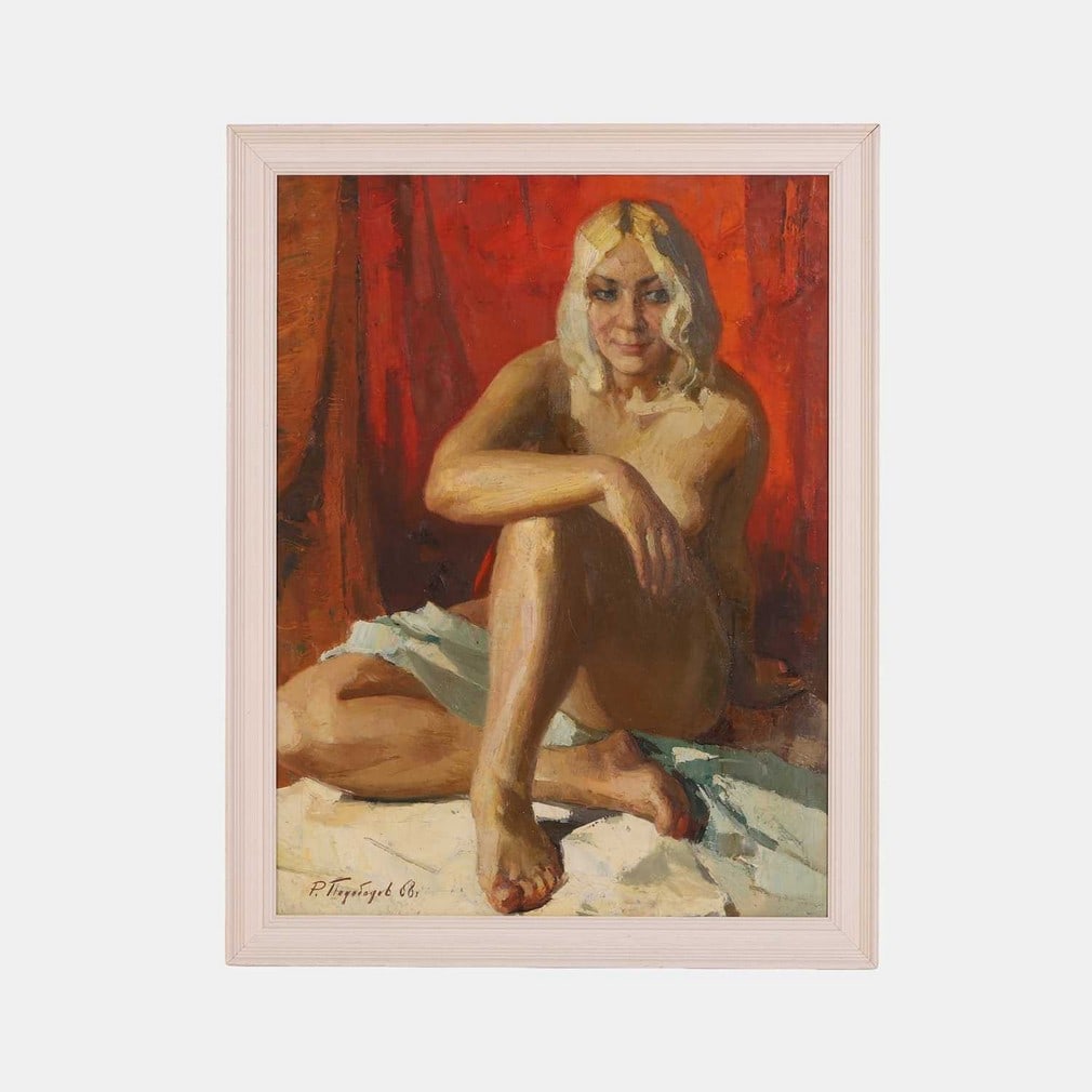 Roman Podobedov (Russian, 1920-2000) A seated nude against a red curtain: Roman Podobedov (Russian, 1920-2000) A seated nude against a red curtain signed and dated '68' l.l., oil on canvas (80 x 60cm; framed 89 x 69cm) Provenance:: Christie's, London, 28 September 2000, lot
