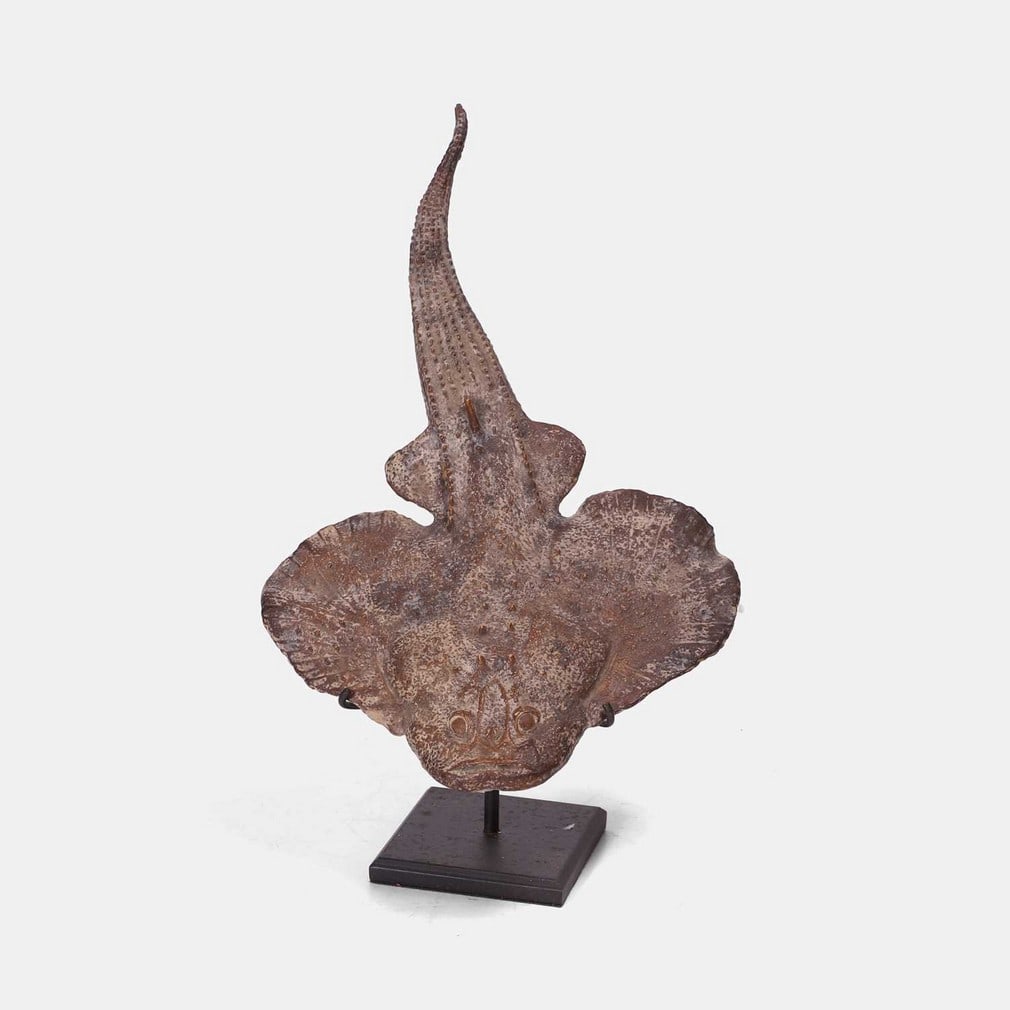 A fine painted plaster model of a Gemuendina, 1920s, by Vernon Edwards,: A fine painted plaster model of a Gemuendina, 1920s, by Vernon Edwards, swimming naturally, on a bespoke metal stand (15.5cm wide, 24cm long overall, 25cm high) (2) Provenance:: From the collection