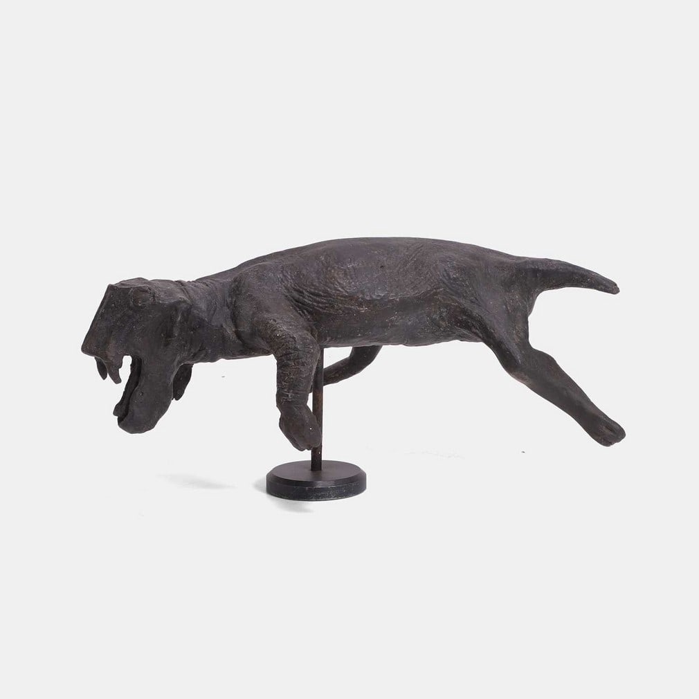 A plaster model of Lystrosaurus, 1920s, by Vernon Edwards,: A plaster model of Lystrosaurus, 1920s, by Vernon Edwards, displayed naturally, legs akimbo, painted in black and brown, fixed on a metal stand (32cm wide, 16.5cm deep, 14cm high) (2) Provenance::