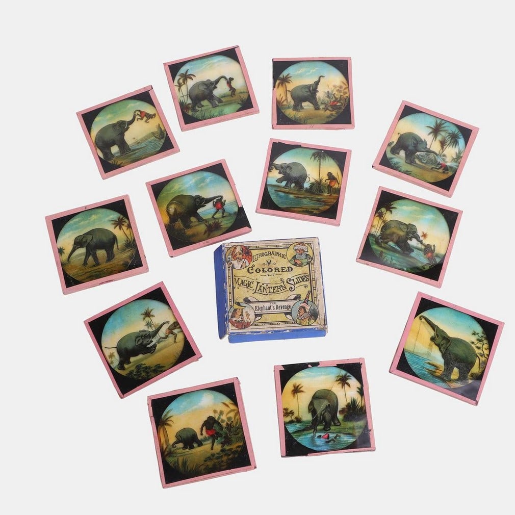 A set of twelve magic lantern slides, 'The Elephant's Revenge', late 19th century. (1 of 3)
