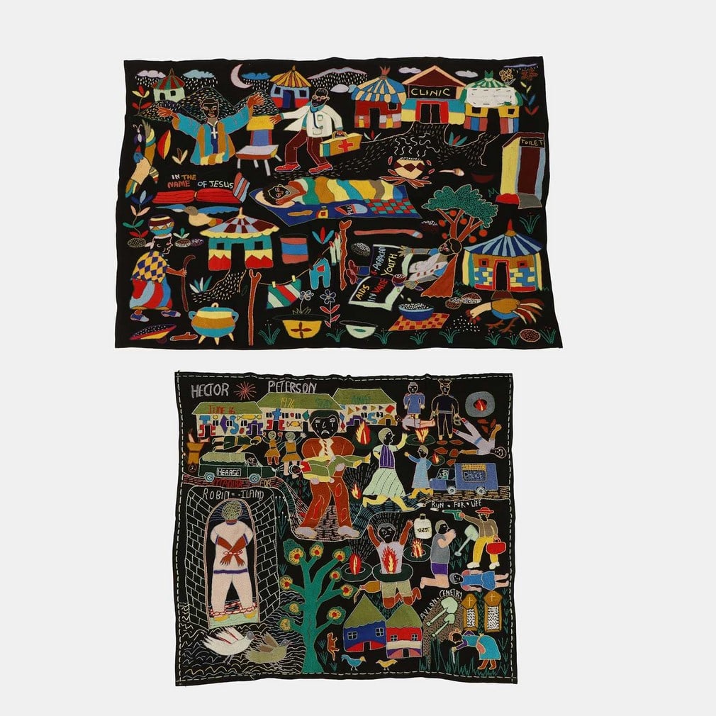 Mapula embroidery project,: Mapula embroidery project, 2000s, South Africa, embroidered in polychrome threads on black cotton, depicting a significant social and historical events including Nelson Mandela (Madiba) imprisonment o