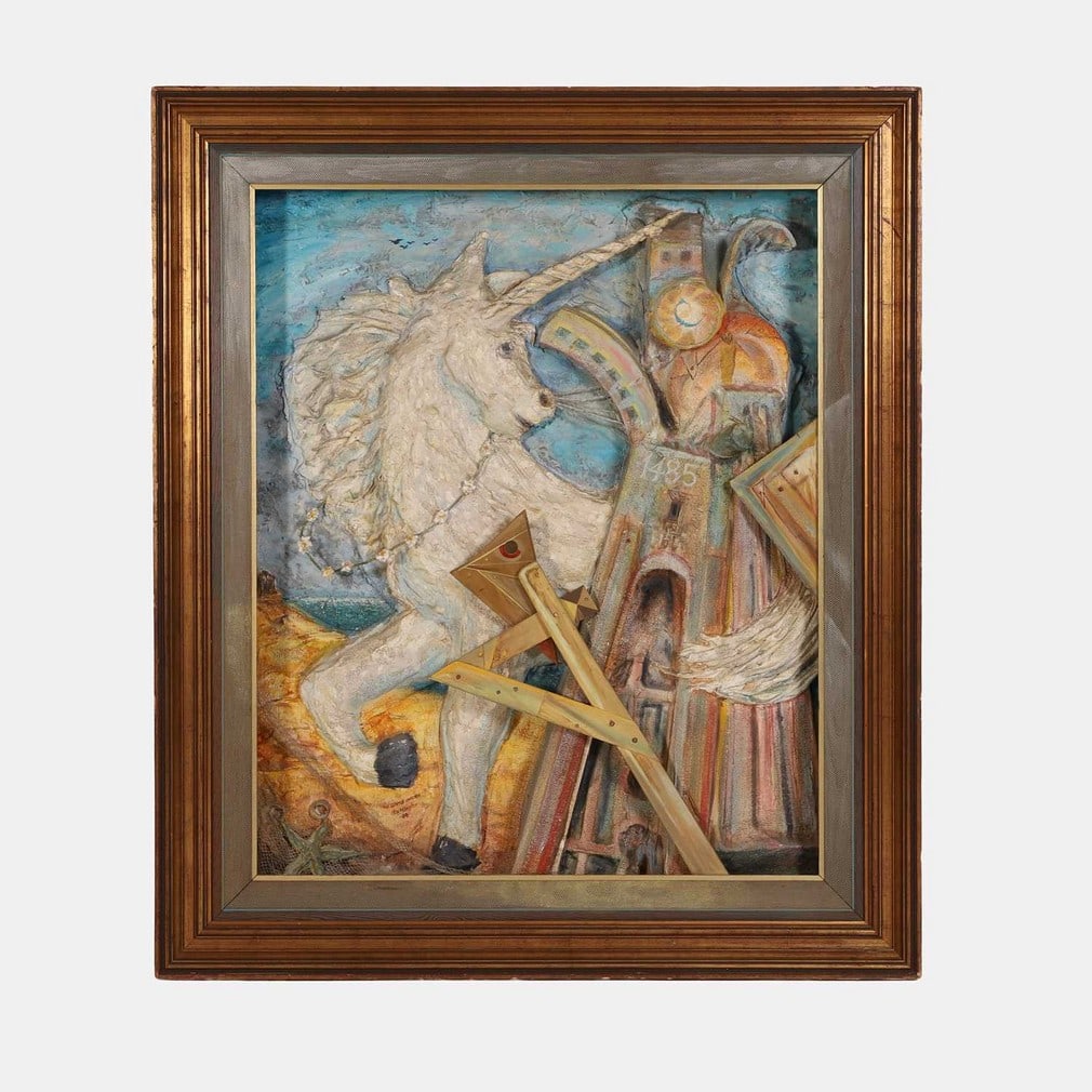 ▲ Denis G Barrington (British, 1930-1999) The Gentle Unicorn, 1988: ▲ Denis G Barrington (British, 1930-1999) The Gentle Unicorn, 1988 a three-dimensional mixed media work, signed, inscribed with title and dated '88' l.c. (122 x 105cm overall) Provenance:: Bough