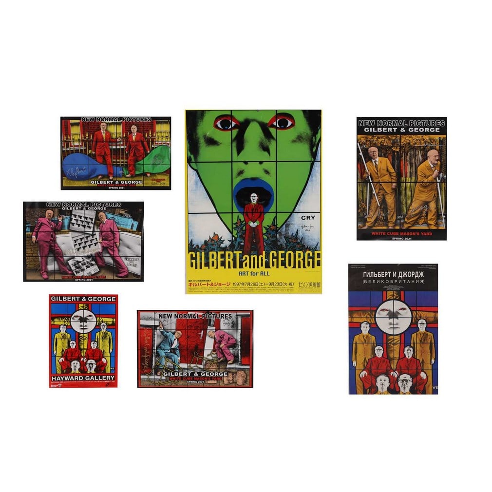 Seven Gilbert and George exhibition posters, circa 1987 and later,: Seven Gilbert and George exhibition posters, circa 1987 and later, three signed, all unframed (largest 103 x 72.5 cm) (7) Provenance:: The David and Pam McCleave Collection of Modern British Art. Cond