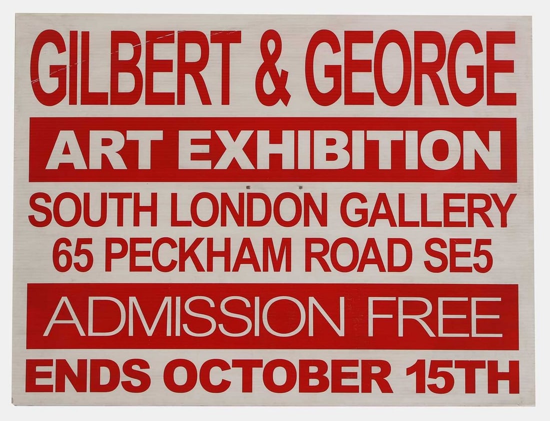 Gilbert & George Art Exhibition Poster Sign: Gilbert & George Art Exhibition Poster Sign 1995, Gilbert & George Art Exhibition Publicity Sign for South London Gallery show 'The Naked Shit Pictures' 5 Sep – 15 Oct 1995, made of corrugated