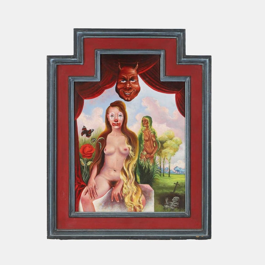 Ferdinand Garmyn (Belgian, 20th century) a Surrealist picture,: Ferdinand Garmyn (Belgian, 20th century) a Surrealist picture, signed 'F. Garmyn' and dated '1970', with a long inscription to the back of the frame, oil on panel (37.5 x 27cm, 48 x 36.5cm overall) Fo