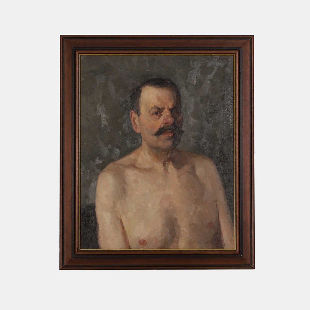 Boris Sporykhin (Russian, 1928-2020) Portrait of a wrestler, Ivan Poddubny, 1959: Boris Sporykhin (Russian, 1928-2020) Portrait of a wrestler, Ivan Poddubny, 1959 signed and dated '1959' u.r., oil on canvas (60 x 48cm; framed 71 x 59cm) Condition Report: Horizontal line where canva
