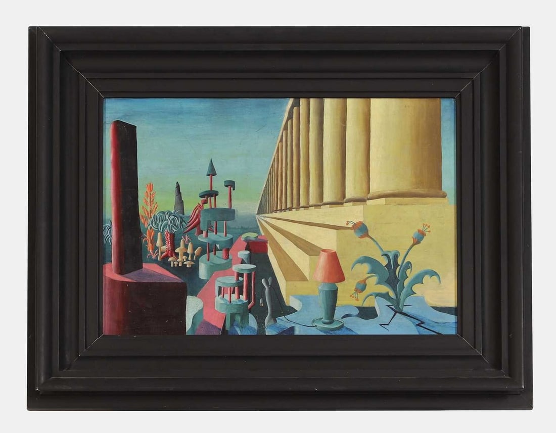 20th century A surreal landscape of architecture and cacti: 20th century A surreal landscape of architecture and cacti oil on canvas board (26 x 36cm; framed 38.5 x 49cm) Provenance:: The Clock House, Great Dunmow, Essex. Condition Report: A little surfac