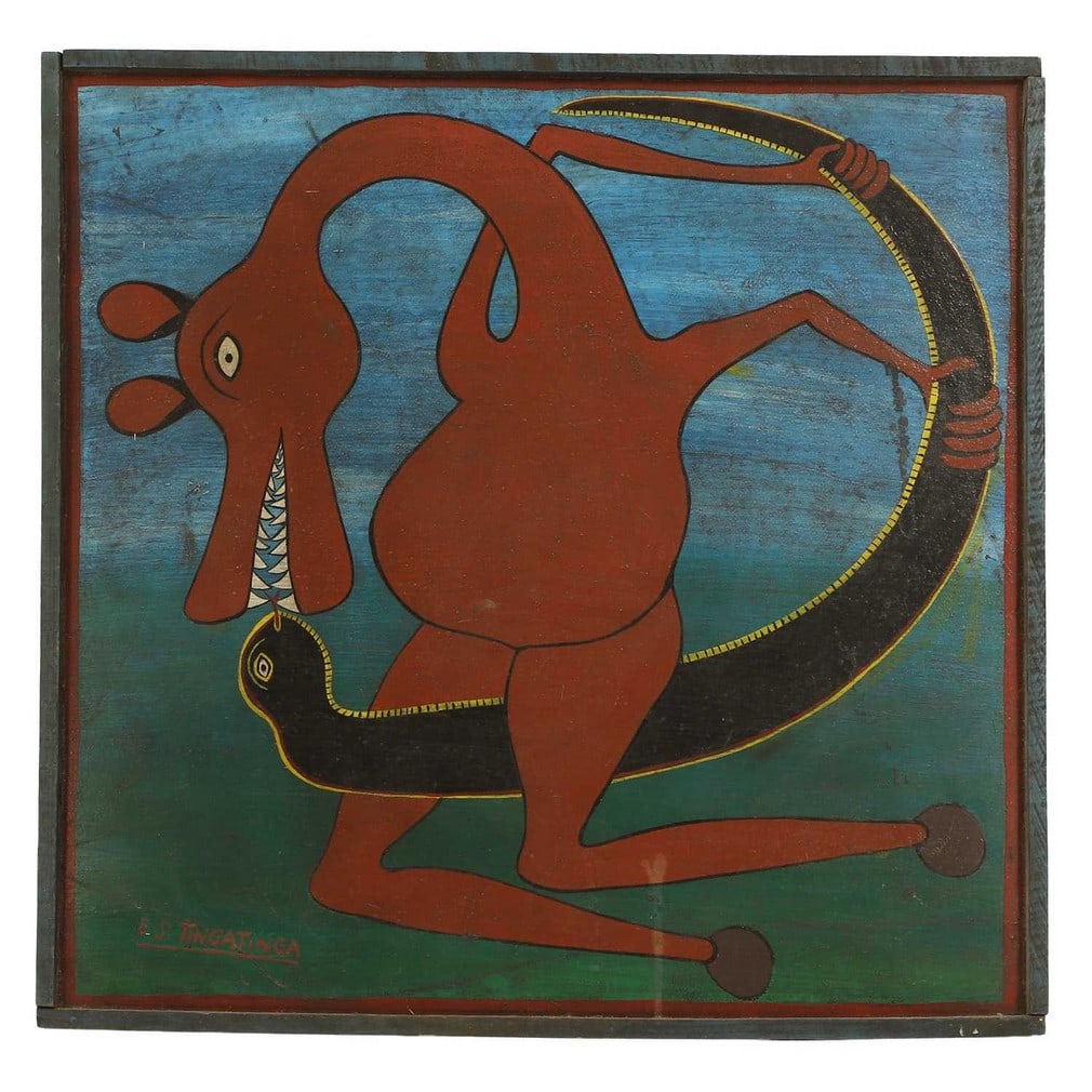 Edward Saidi Tingatinga (Tanzanian, 1932-1972) A brown Shetani, in the form of a giraffe, kissing a (1 of 2)