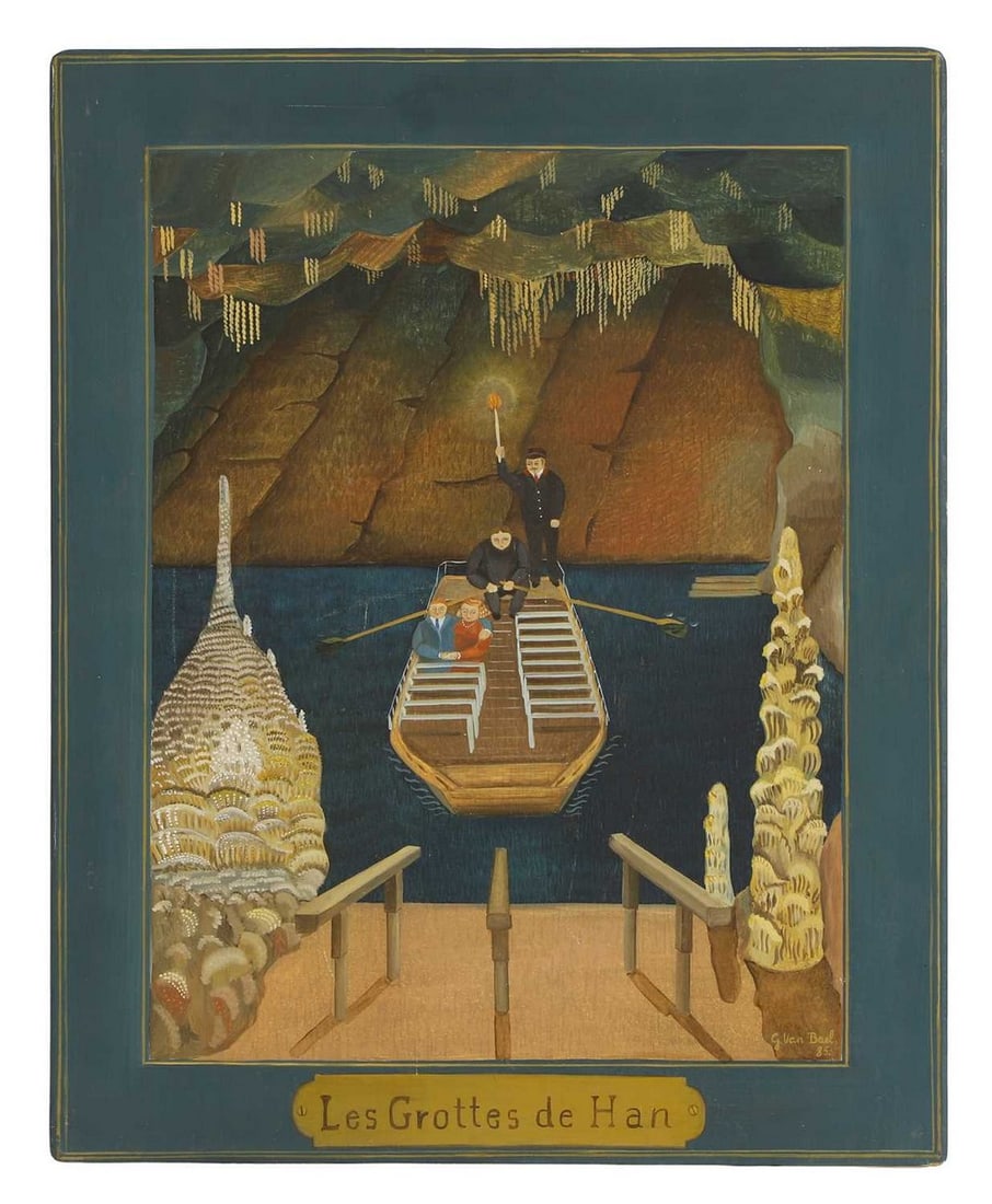 Geneviève Van Bael (Belgian, 20th century) 'Les Grottes de Han': Geneviève Van Bael (Belgian, 20th century) 'Les Grottes de Han' signed and dated '85' l.r., oil on board (54 x 43.5cm) Condition Report: Grain of wooden board visible. Some surface dirt and light