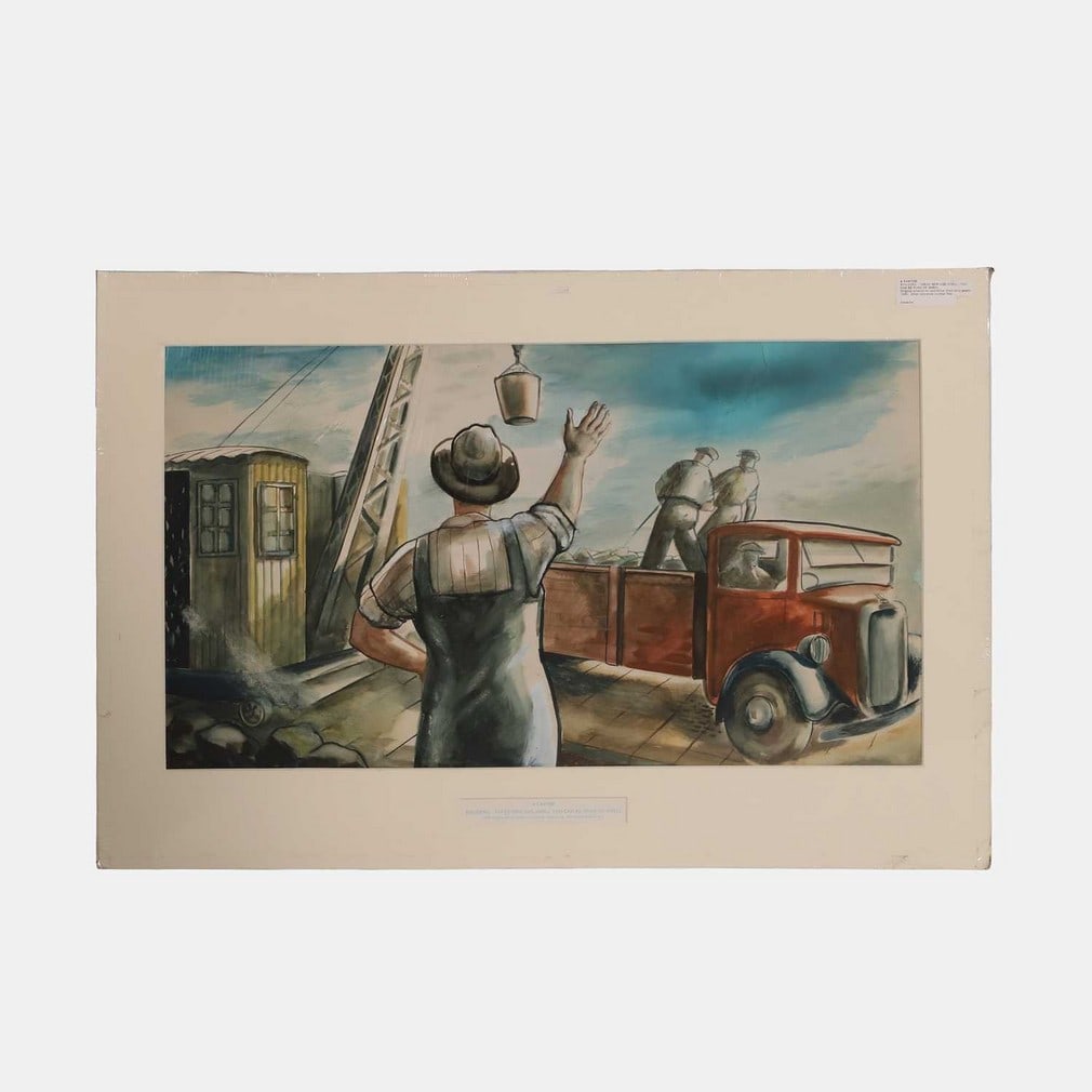 A... Cantor (20th century) 'Builders - These men use Shell - you can be sure of Shell': A... Cantor (20th century) 'Builders - These men use Shell - you can be sure of Shell' original artwork for Shell Oil advertising poster, 1938, watercolour and bodycolour (53 x 97cm; mount 76 x 115cm,