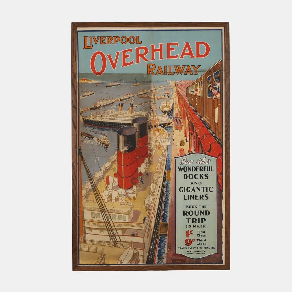 Superb Liverpool Overhead Railway poster 1920s/30s: Superb Liverpool Overhead Railway poster 1920s/30s a rare and possibly unique Liverpool Overhead Railway poster 'See the wonderful docks and gigantic liners - book the round trip (13 miles) trains eve