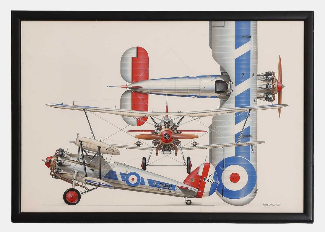 Keith Fretwell (British, 20th century) A three-view study of a Bristol Bulldog MkIIA (1 of 1)
