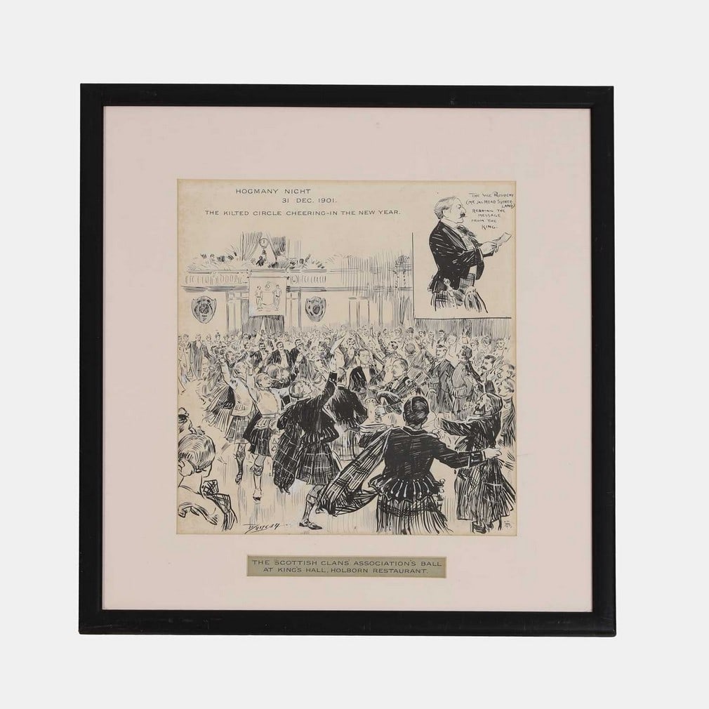 ... Duncan (British, 20th century) 'Hogmany Night, 1901 - The Kilted Circle Cheering-In the New: ... Duncan (British, 20th century) 'Hogmany Night, 1901 - The Kilted Circle Cheering-In the New Year' signed l.l., pen and ink heightened with white (34.5 x 30cm; framed 53 x 49cm) Condition Report: N