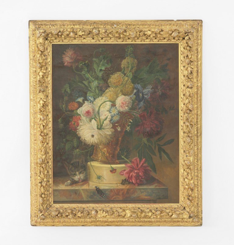 Manner of Jan Van Huysum, A STILL LIFE OF A VASE OF: Manner of Jan Van Huysum, A STILL LIFE OF A VASE OF FLOWERS DISTURBED BY A CAT, WITH A MOUSE AND BUTTERFLY Bears signature and date l.r., oil on canvas 76 x 61cm