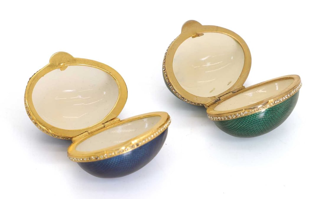Two gilt brass, guilloché enamel and jewelled eggs, late 19th century, - 2