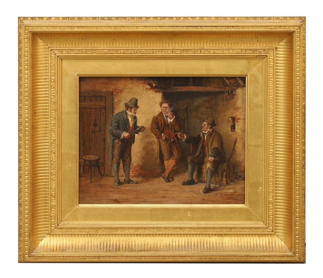L.B.Mitchell, 1879: L.B.Mitchell, 1879 oil on canvas depicting three men, one holding a club, one smoking and one seated, within a moulded gilt frame 54cm wide, 47cm high Condition Report: Some marks and losses