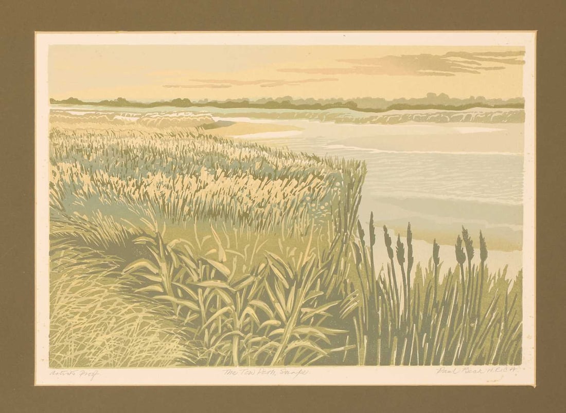 Paul Beck (British, b.1922) a collection of six linocuts,: Paul Beck (British, b.1922) a collection of six linocuts, artist proof's, 'The Malverns', 'The Tow Path, Snapes', 'The Malverns', 'Shimmering Sands, Lleyn Peninsular', and 'Shimmering Sands, Lleyn Pen