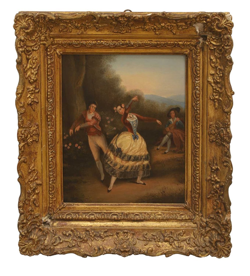 Spanish School, 19th century Dancers in a landscape,: Spanish School, 19th century Dancers in a landscape, oil laid on canvas, in a gilt frame 29 x 25cm, framed 43 x 39cm Condition Report: Canvas laid on newer stretcher, frame with chips and wear.