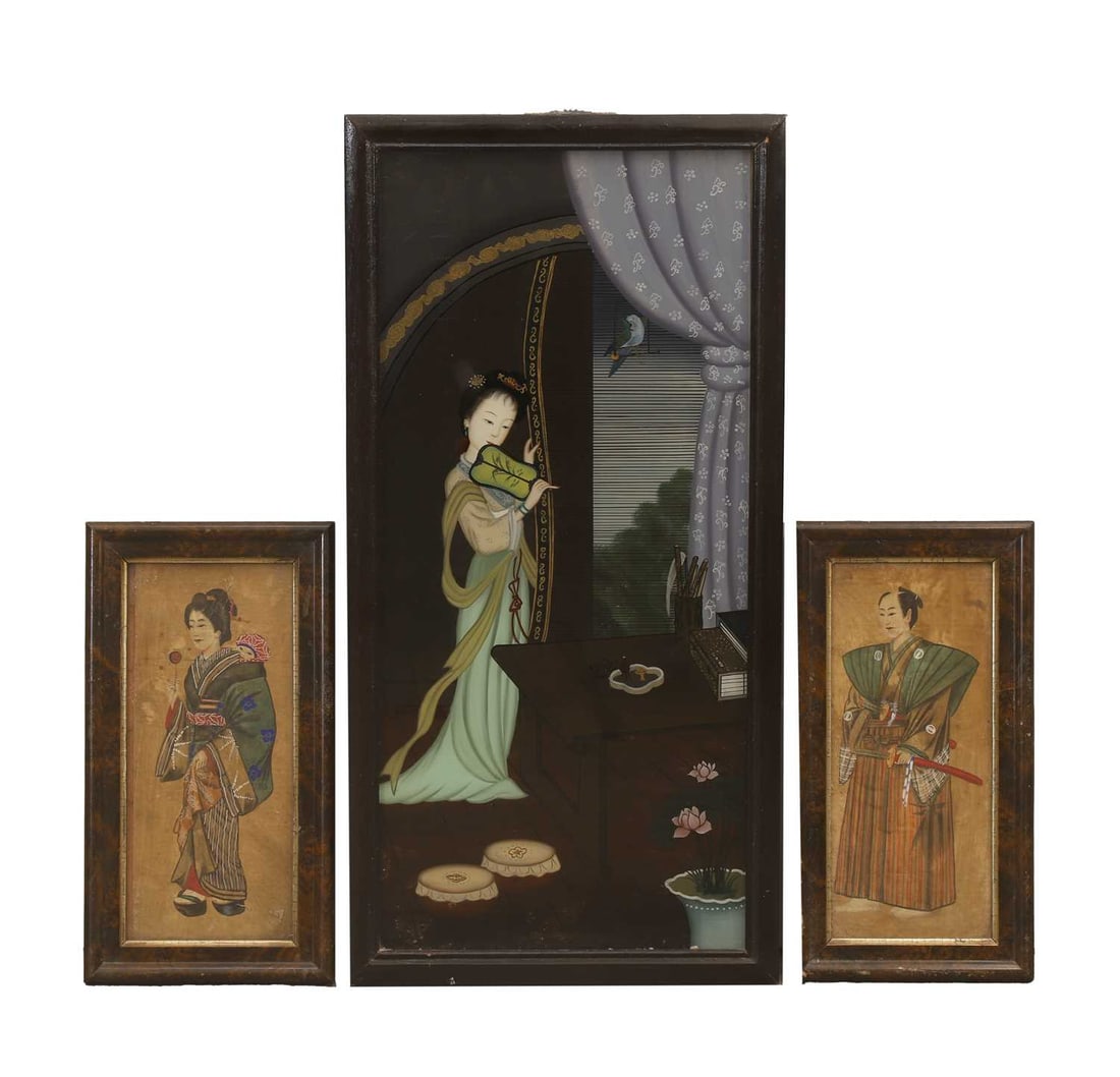 A pair of Japanese watercolours, 19th century and later,: A pair of Japanese watercolours, 19th century and later, of a Geisha and Samurai, together with one other similar, on glass, each mounted within a frame the largest 70cm high 3