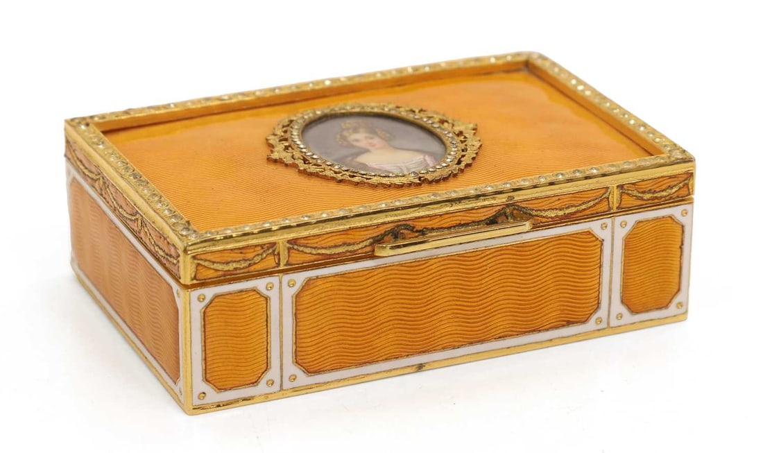 An Italian gilt brass and guilloché enamel box, 19th century,: An Italian gilt brass and guilloché enamel box, 19th century, set with an ivory portrait miniature of a lady, possibly Josephine, signed 'MB', with a gilded and moulded rim of ribbon swags, inlai