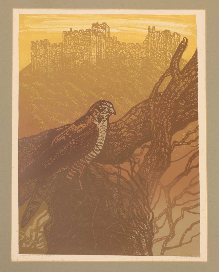 Paul Beck (British, b.1922) a collection of seven linocuts,: Paul Beck (British, b.1922) a collection of seven linocuts, artist proof's, 'Sparrowhawk', 'Ludlow Castle', 'and nightly sings...', 'Ludlow Castle', 'Short eared Owl', 'Partridge', 'Sparrowhawk', l.r,