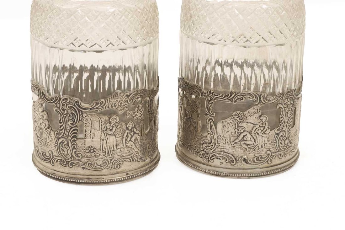 A pair of glass and silver mounted decanters, circa 1900, German, - 2
