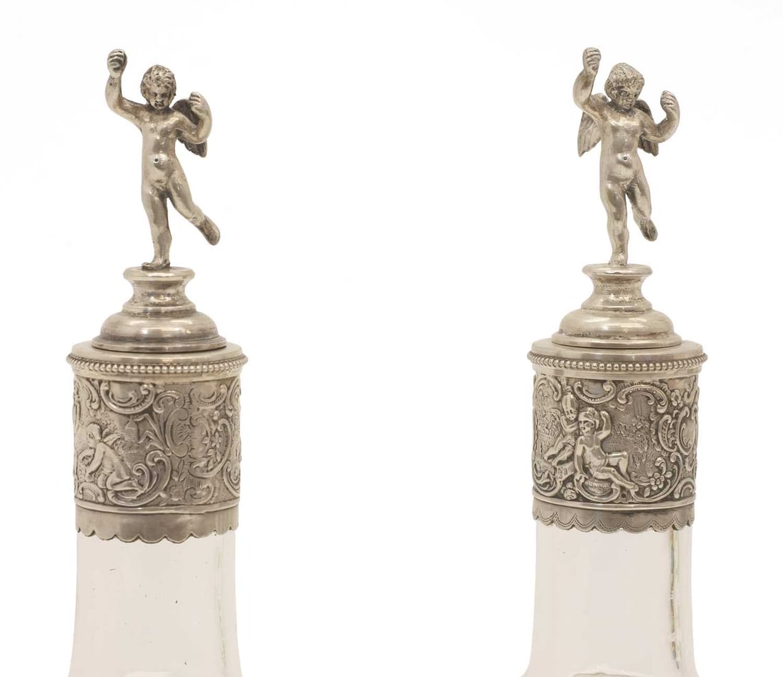 A pair of glass and silver mounted decanters, circa 1900, German, - 3