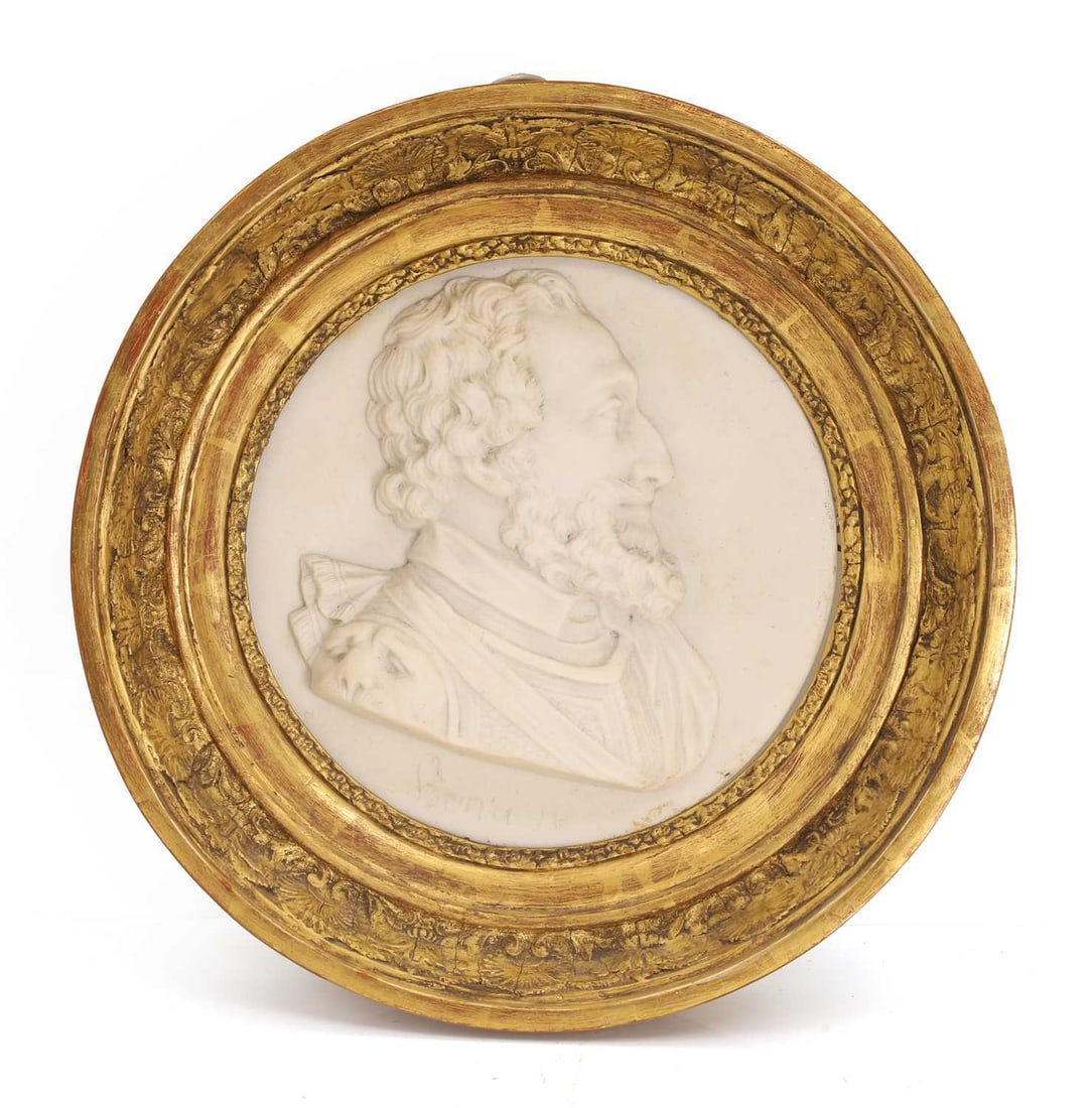 A French Empire roundel portrait of King Henry IV of France, 19th century,: A French Empire roundel portrait of King Henry IV of France, 19th century, in a gilt frame decorated with shells and leaves, inscribed 'Henry IV' Total diameter, 23.4cm, diameter of portrait 14.8cm.