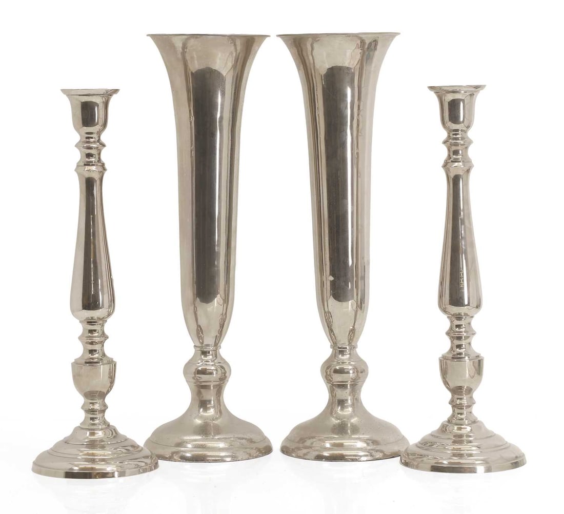 A pair of silvered vases, of recent manufacture,: A pair of silvered vases, of recent manufacture, by Kenneth Turner, with a label to the base, together with a pair of similar candlesticks Vases, 15cm wide, 52cm high 4