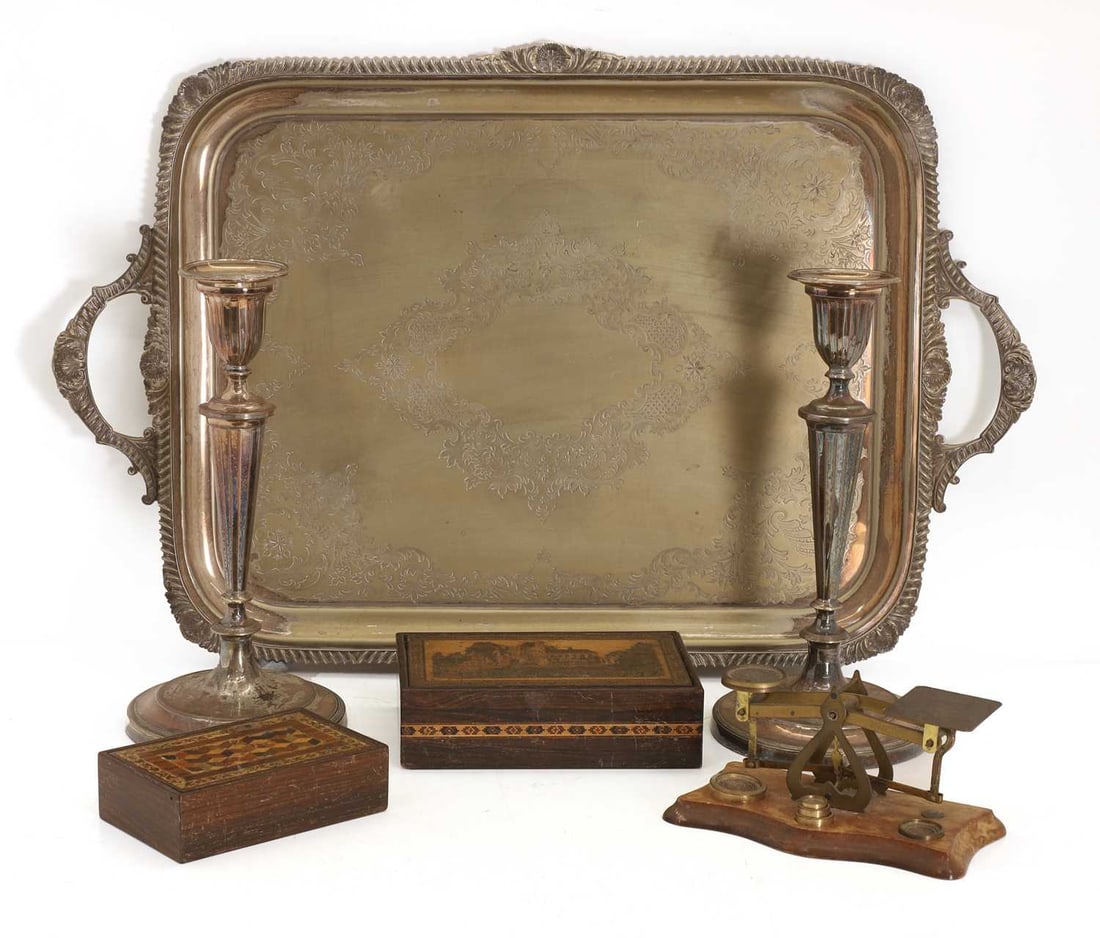 A pair of silver plated candlesticks, a tray: A pair of silver plated candlesticks, a tray and two Tunbridge inlaid boxes, one containing draughts, a Victorian pair of postal scales, a tureen and cover, and other flatware tray, 65cm wide (qty.) C