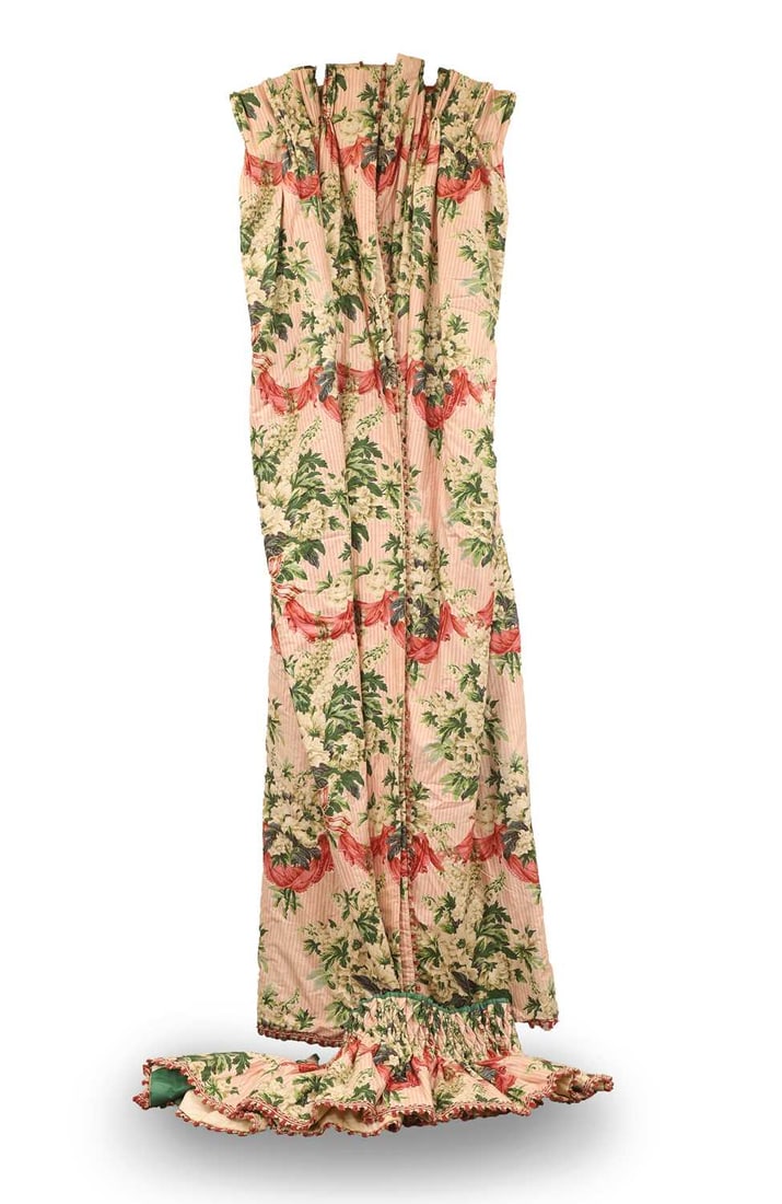 A pair of chintz curtains,: A pair of chintz curtains, with pink striped and flowers, interlined, with matching pelmet each, 110cm wide, 261cm drop Condition Report: in good order, no major fading, there is staining or