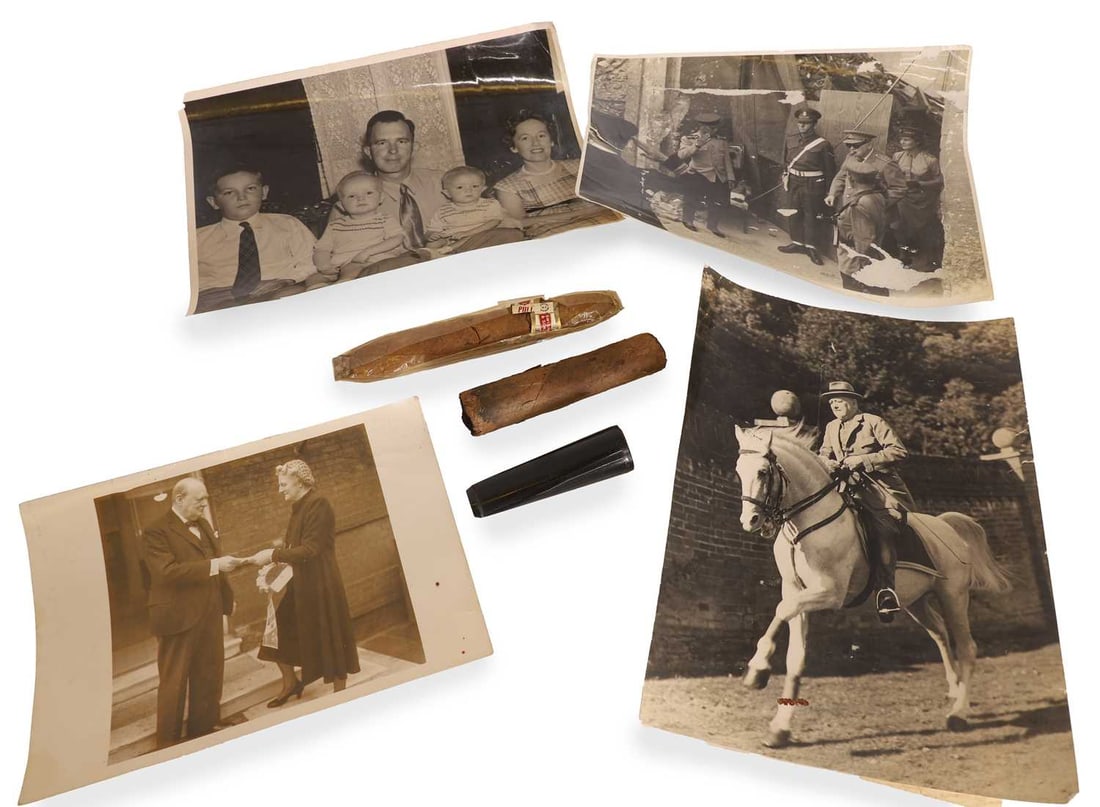 Sir Winston Churchill (1874-1965) interest,: Sir Winston Churchill (1874-1965) interest, a smoked cigar, a cigar holder, and an unused cigar in its wrapping, and four photographs of Winston Churchill, three labelled to the reverse unsmoked cigar