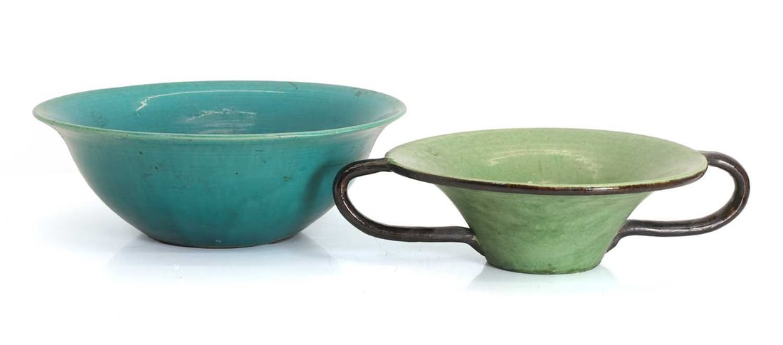 Two glazed stoneware vases,: Two glazed stoneware vases, the green bowl with shaped black handles and rim, stamped mark to the base, the blue with outsplayed shape blue 37.5cm diameter, green 40cm diameter 2 Provenance: The