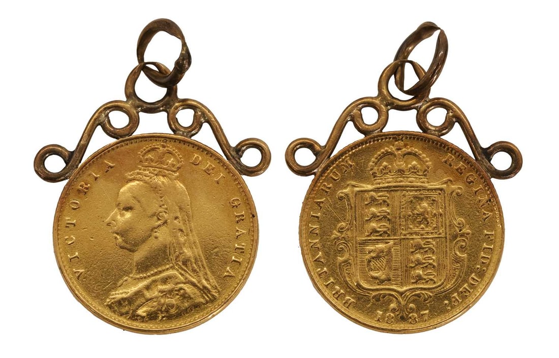 Coins, Great Britain, Victorian (1837-1901): Coins, Great Britain, Victorian (1837-1901) Half Sovereign, 1887, on an approximately 9ct gold pendant mount total weight 4.53