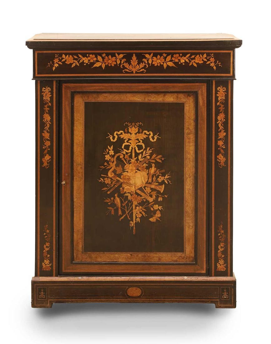 A Victorian inlaid mahogany pier cabinet, 19th century,: A Victorian inlaid mahogany pier cabinet, 19th century, the inlaid frieze above a profusley inlaid door with floral and musical, the sides additionally box inlaid 80cm wide 35cm deep 85cm high