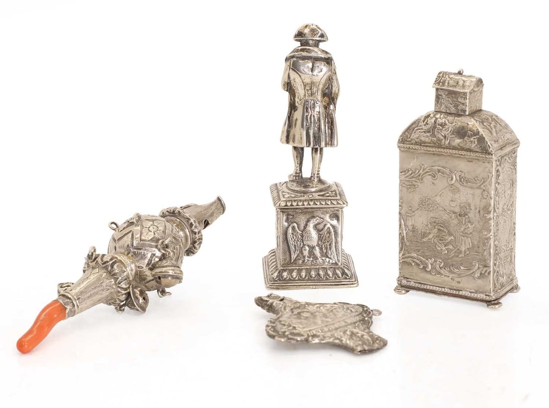 A silver baby rattle, - 2