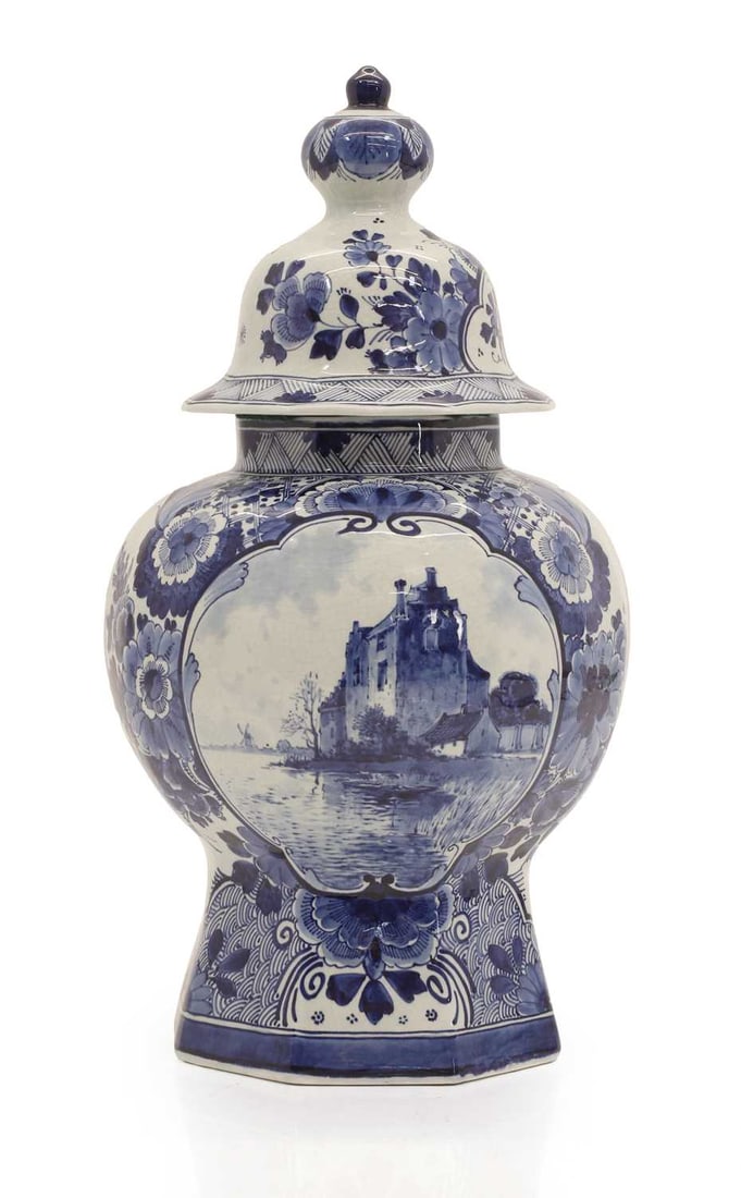 A Delft blue and white jar and cover, 20th century,: A Delft blue and white jar and cover, 20th century, with riverside building and decorated reserve 20cm wide, 34cm high
