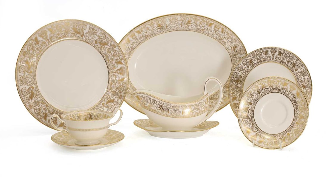 A Wedgwood Florentine white gold dinner service, - 2