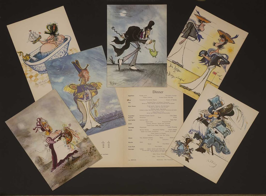 A collection of Ronald Searle menus, 1976,: A collection of Ronald Searle menus, 1976, seven menus from the S.S Oriana, all featuring a colour reproduction to the covers, to include examples from Dick Deadeye, The Sorcerer, and The Captain of