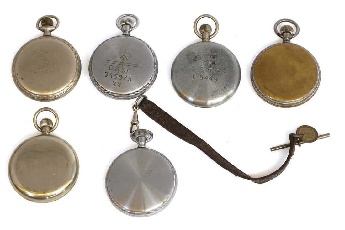 Six military nickel plated and chrome open face pocket watches, various makers including Waltham, El - 2