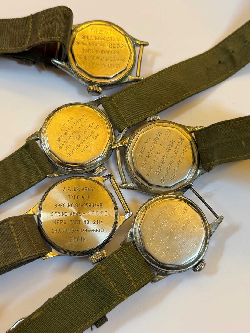 Five US military issue type A-11 mechanical wristwatches, by Bulova, Waltham and Elgin, - 3