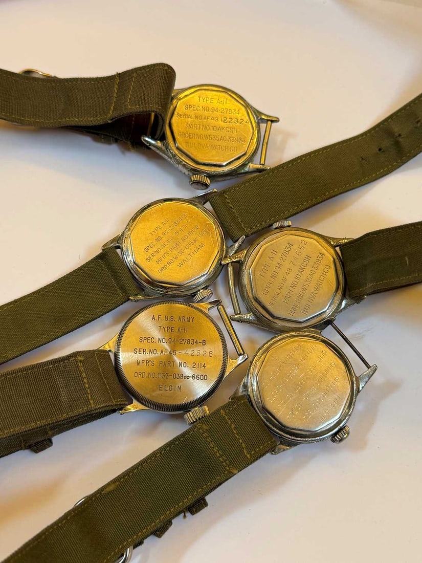 Five US military issue type A-11 mechanical wristwatches, by Bulova, Waltham and Elgin, - 4