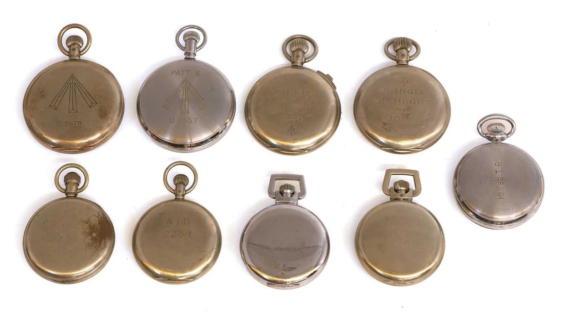 Nine WWII era military pocket watches, various makers, British and US, - 2