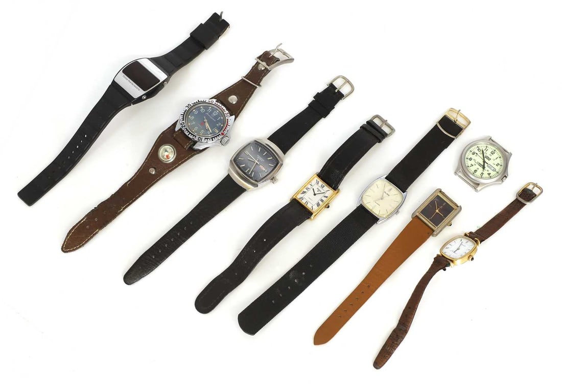 Eight various modern wristwatches, 1960s and later,: Eight various modern wristwatches, 1960s and later, including a Soviet wristwatch, Lorus, Pulsar and Alba largest 40mm diameter 8 Provenance: The John Mitchell Collection of Military Horology