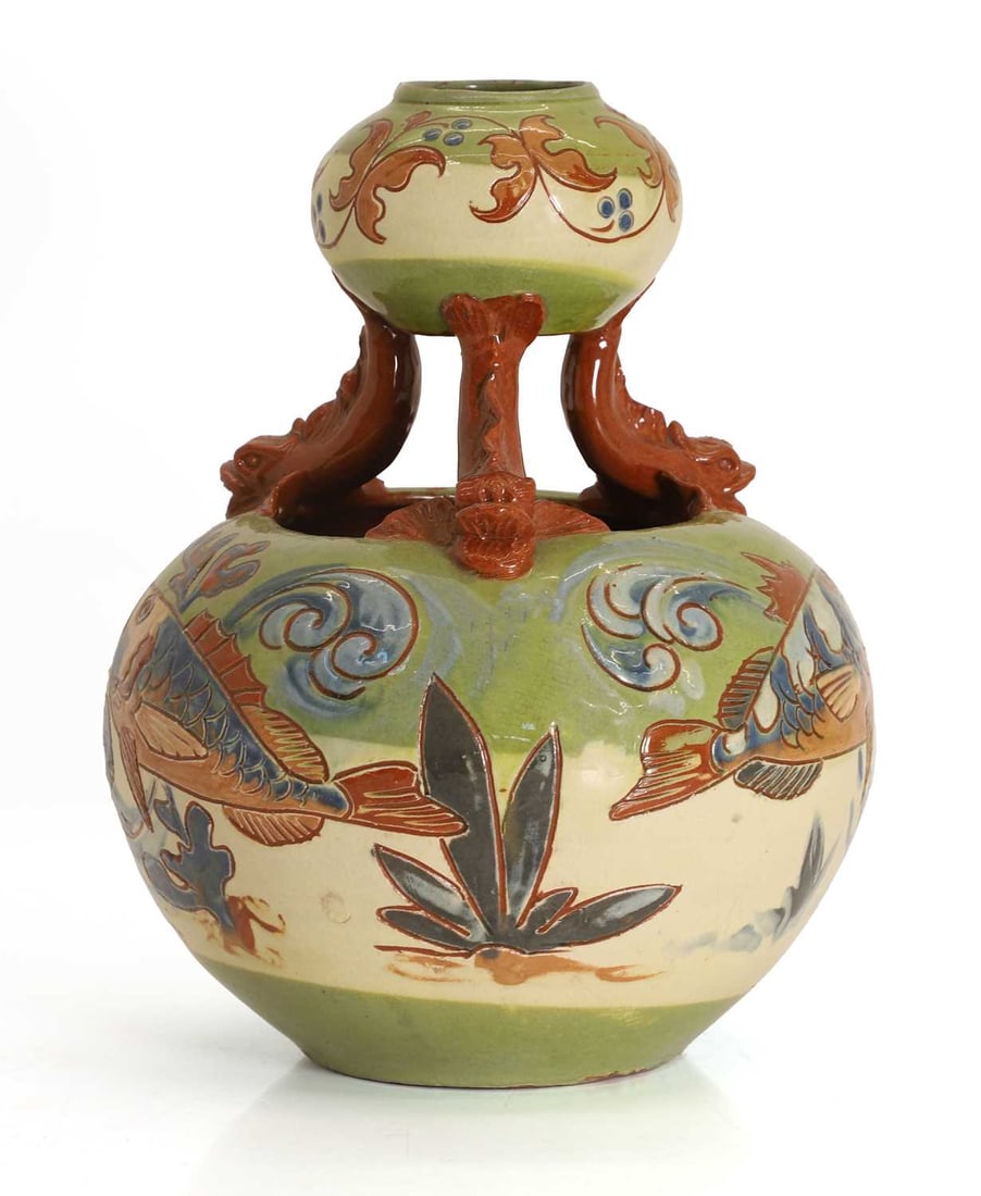 A CH Brannam pottery 'Dolphin' double vase, by William Baron, dated 1891, - 2