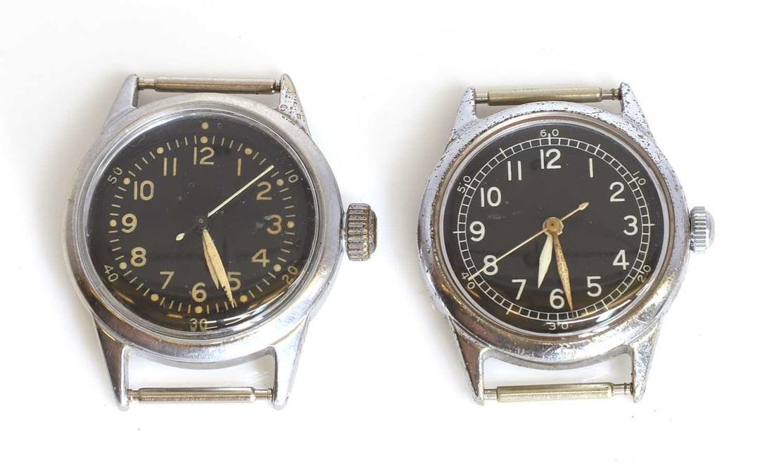 Two British military issue ATP mechanical wristwatches, one possibly by Bulova,: Two British military issue ATP mechanical wristwatches, one possibly by Bulova, each with black dials and Arabic numerals, both back plates engraved '^B/347 A2656' and 6B/234 A11596' and with faint ot