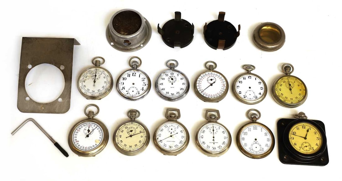 Twelve various military open face pocket watches and stop watches, most 1940s,: Twelve various military open face pocket watches and stop watches, most 1940s, most worn, with various damages and missing items, three unmarked to the back covers, all others with military markings,